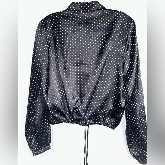 Women’s Size Small Revamped Long Sleeve Shiny Black and White Polka Dot Blouse - Picture 4 of 5